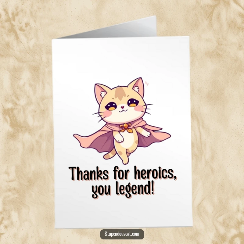 Funny Free Printable Thank You Card: Majestic cat in a cape flies, delivering heartfelt thanks. A downloadable gift of heroic appreciation.