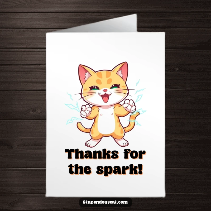 Funny Free Printable Thank You Card: A dynamic cat crackling with lightning, expressing electrifying gratitude.