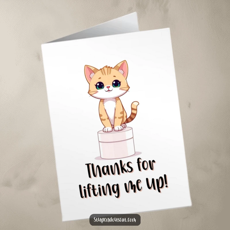 Funny Free Printable Thank You Card: A confident cat cub stands on a pedestal, giving a humorous thank you nod.