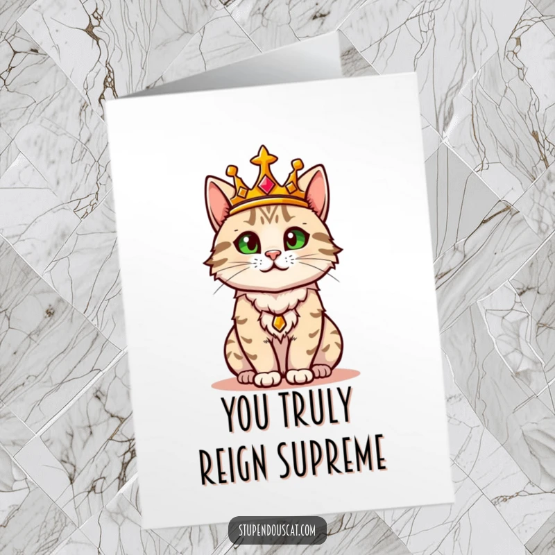 Funny Free Printable Thank You Card: A confident cat adorned with a golden crown, bestowing royal thanks.