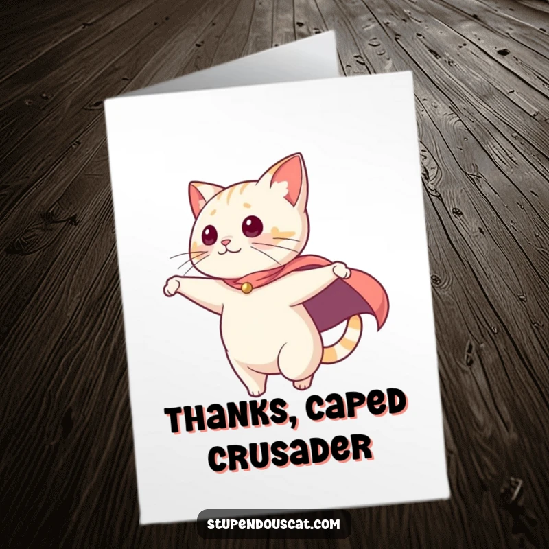 Funny Free Printable Thank You Card: Cat with a cape dramatically swooping from a high point.