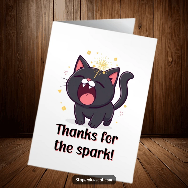 Funny Free Printable Thank You Card of a black cat roaring with small, sparkling fireworks bursting