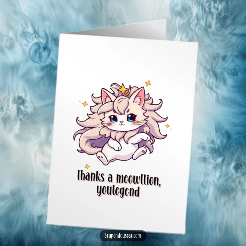 Funny Free Printable Thank You Card: Majestic cat with starry mane leaping gracefully, conveying deep gratitude.
