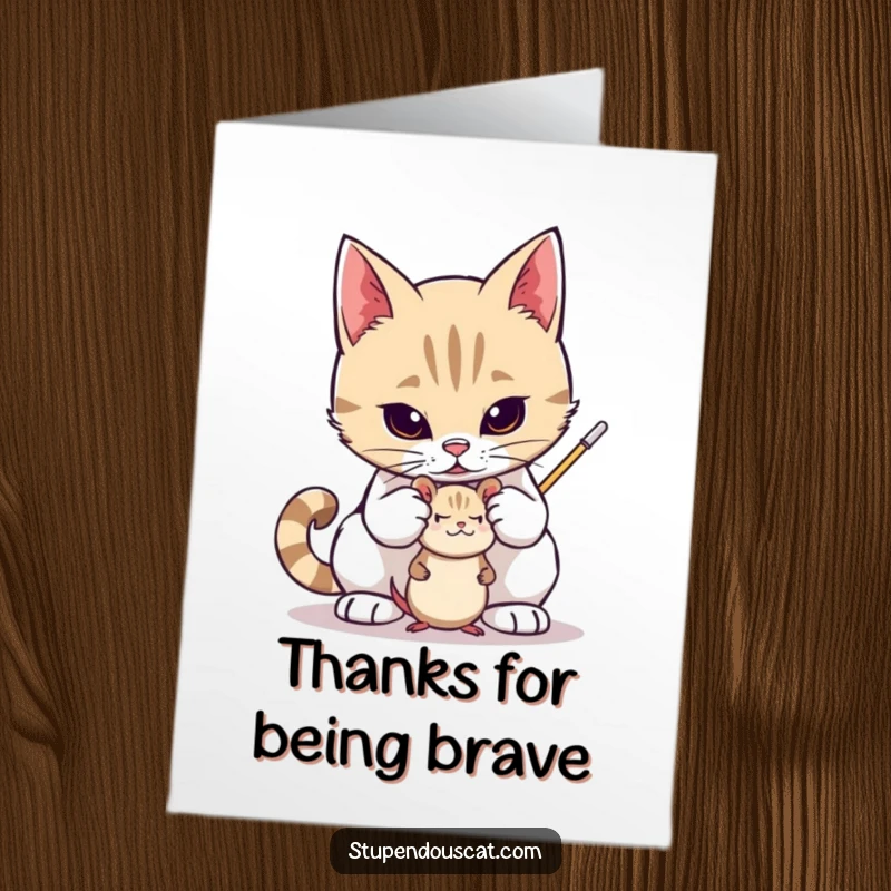 Funny Free Printable Thank You Card: A valiant cat protectively holds a small toy mouse. Sweet downloadable greeting.