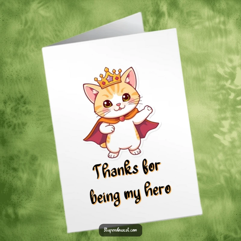 Funny Free Printable Thank You Card: A cat in a hero's cape and crown strikes a noble, heroic pose to say thanks.