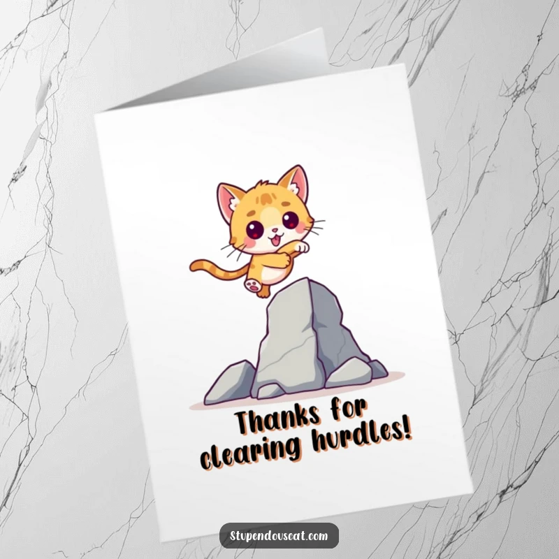 Funny Free Printable Thank You Card: A valiant cat cub soars over a towering obstacle, symbolizing overcoming challenges.