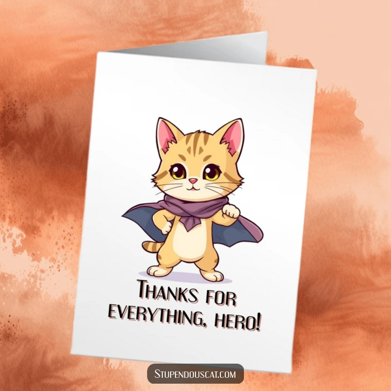 Funny Free Printable Thank You Card: A heroic cat cub in a cape strikes a proud pose, offering thanks.