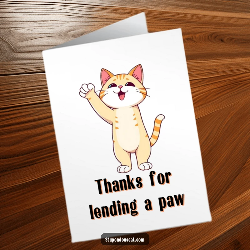 Funny Free Printable Thank You Card: Admirable cat standing tall, paw extended in a gesture of victory and thanks.