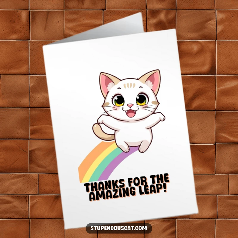 Funny Free Printable Thank You Card: A cat with a huge grin leaps joyfully over a rainbow expressing thanks.