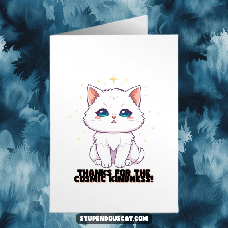 Funny Free Printable Thank You Card of a majestic white cat with a halo of sparkling stardust