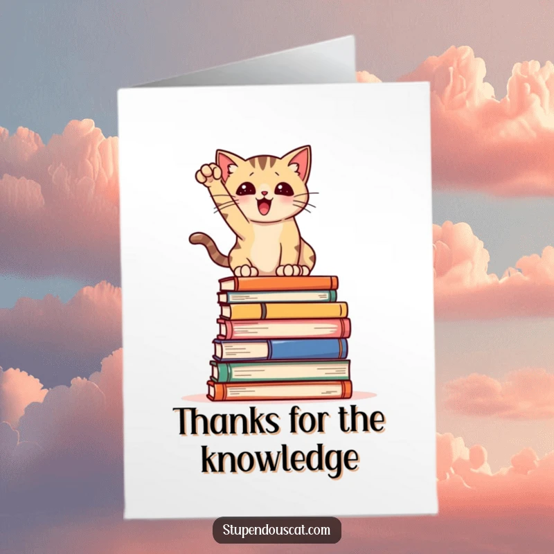 Funny Free Printable Thank You Card: Cat striking a dramatic pose atop books, thankful.