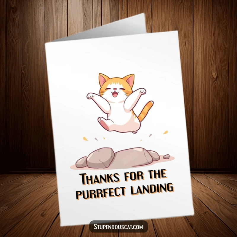 Funny Free Printable Thank You Card: A cat landing with grace after an impressive jump, expressing thanks.