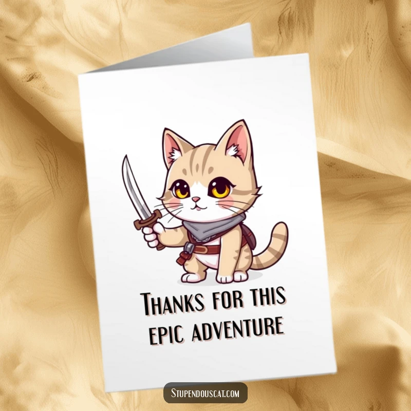 Funny free printable thank you card of an adventurous cat brandishing a tiny sword, a perfect DIY gift.