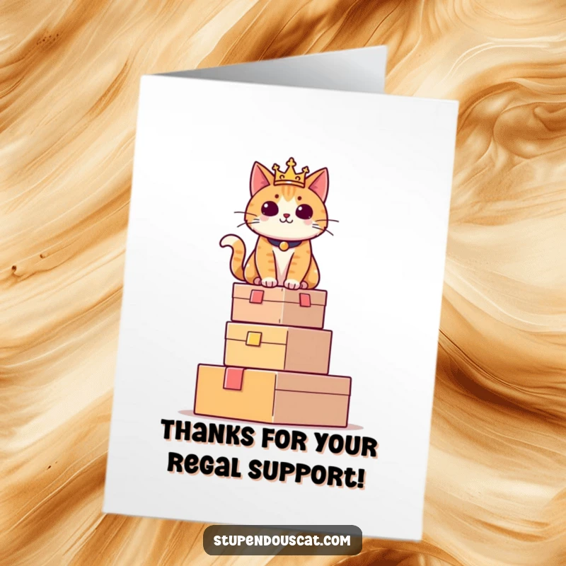 Funny Free Printable thank you card of a regal cat sitting proudly atop a stack of boxes. A dignified downloadable gift.