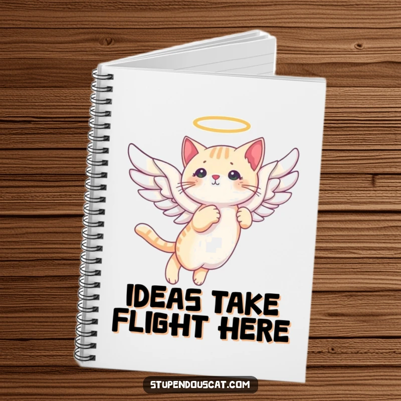 Funny angelic cat wings notebook cover featuring a cat with wings gliding through the sky, inspiring divine ideas.