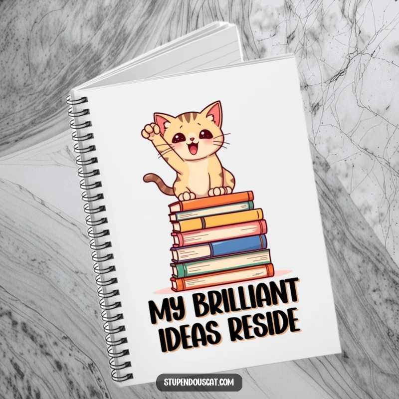 Funny Notebook: A cat striking a dramatic pose on books, perfect for writing down brilliant ideas with a literary touch.