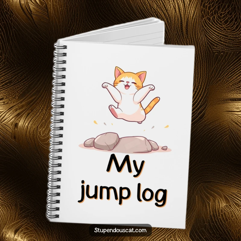 Funny cat notebook with a cover showing a cat in a dynamic, funny landing pose after a high jump.