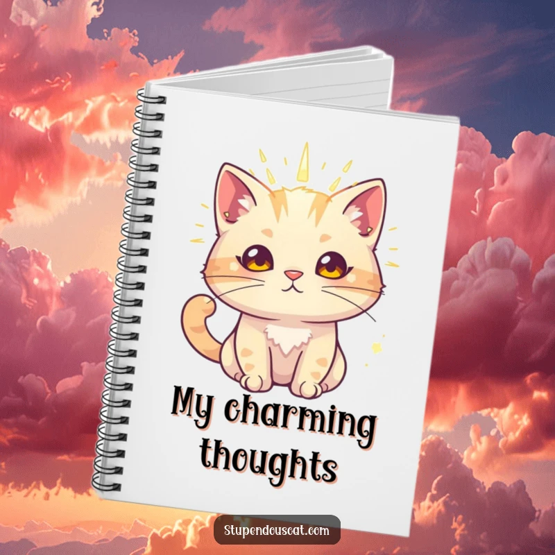Funny cat notebook depicting a cat with a radiant aura, exuding powerful charm.