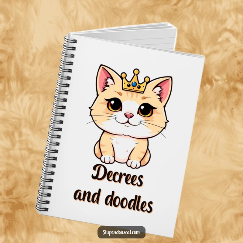 Funny notebook with a regal cat wearing a small crown, looking pleased. Ideal for journaling or note-taking.
