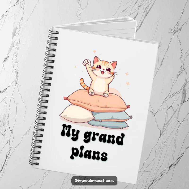 Funny notebook featuring a triumphant cat striking a heroic pose on a pile of pillows, ready for note-taking.