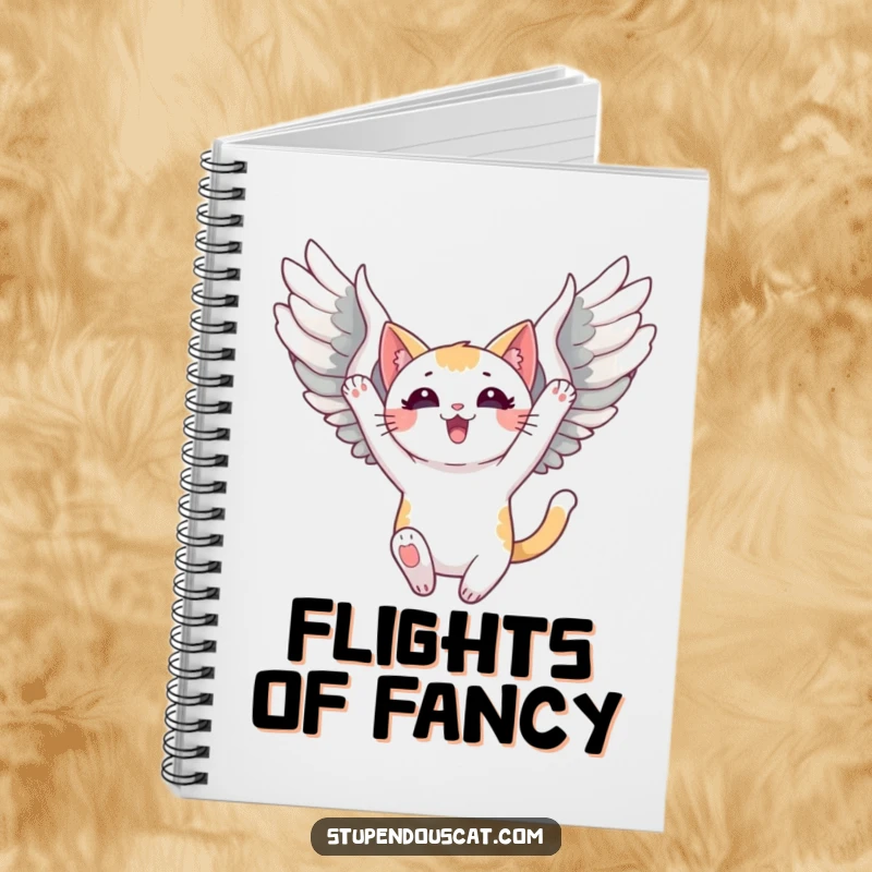 Funny Notebook featuring a triumphant cat with spread wings soaring, perfect for jotting down ambitious plans and brilliant ideas.
