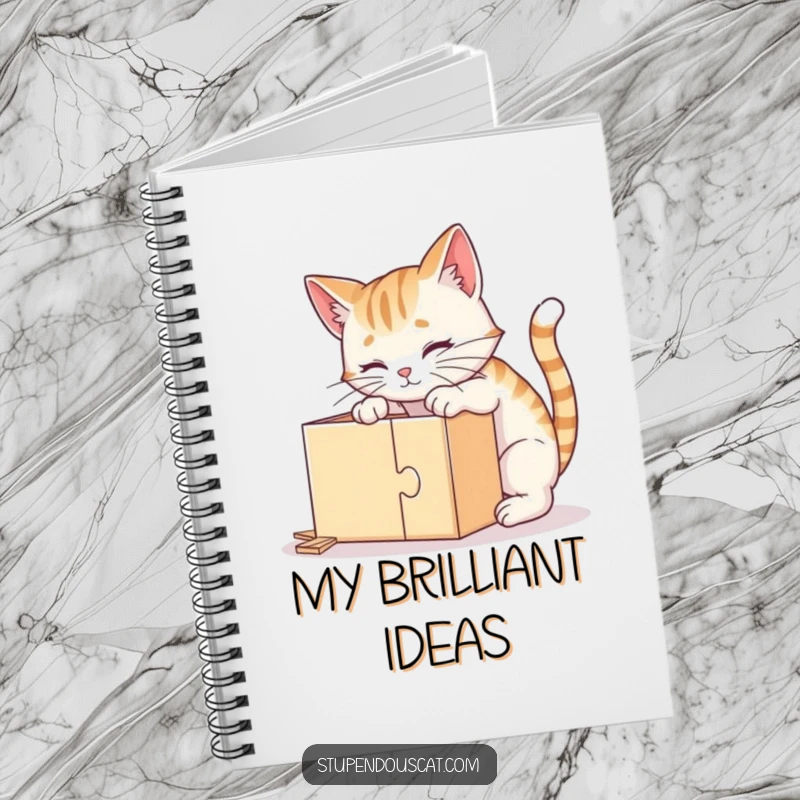 Funny notebook featuring a clever cat intently solving a puzzle box, inspiring logical thinking and organized notes.