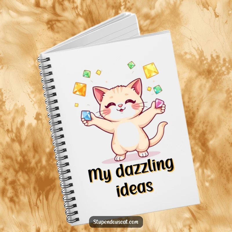 Funny cat juggling gems notebook, a cat expertly tossing radiant jewels, inspiring users to fill it with their own brilliant ideas and plans.