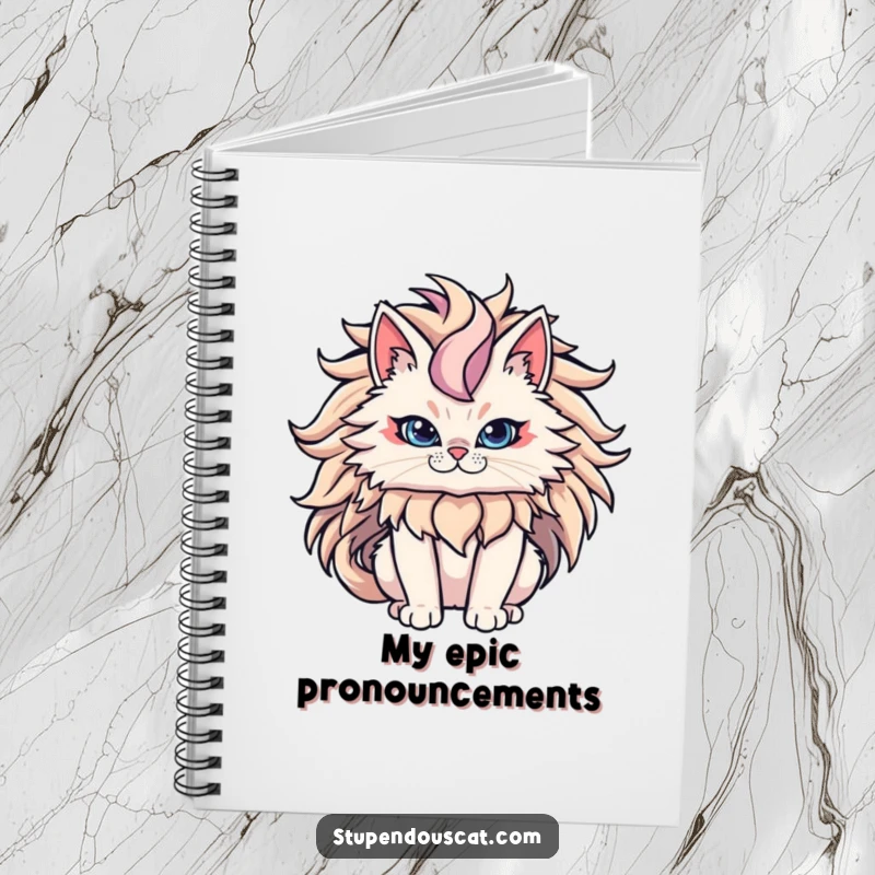 Funny Cat Notebook cover featuring a powerful cat with an epic flowing mane, inspiring majestic thoughts and ideas.