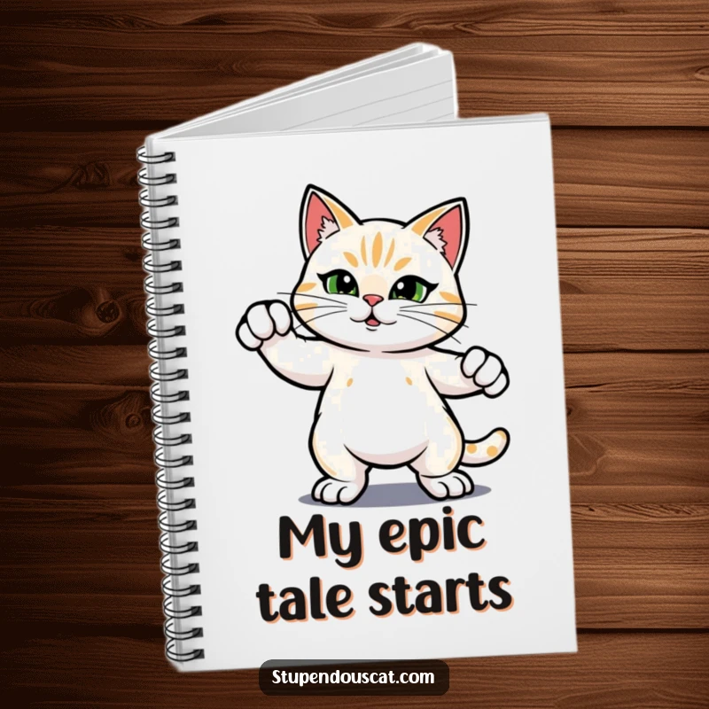 Funny notebook with a heroic cat striking a confident pose, ideal for jotting down thoughts with a touch of bravery and humor.