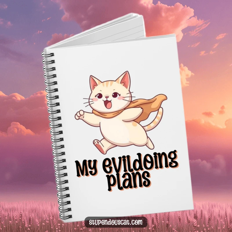 Funny notebook with a determined cat hero leaping dynamically, cape billowing, ready to record brilliant ideas.