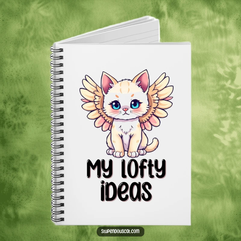 Funny majestic angel cat cub notebook, wings spread wide, ready to capture your thoughts with divine humor.