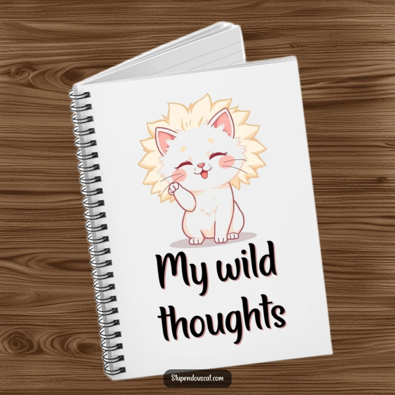 Funny cat notebook cover showing a cat comically attempting to tame its large, fluffy, and wild mane, great for notes.
