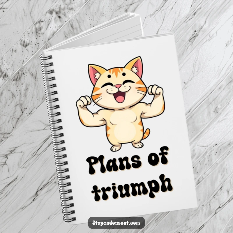 Funny notebook depicting a proud cat character flexing its muscles with a grin, perfect for writing and brainstorming.