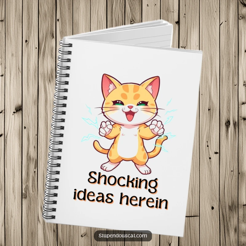 Funny notebook cover with a powerful cat generating lightning bolts around its paws, striking a dynamic and energetic pose.