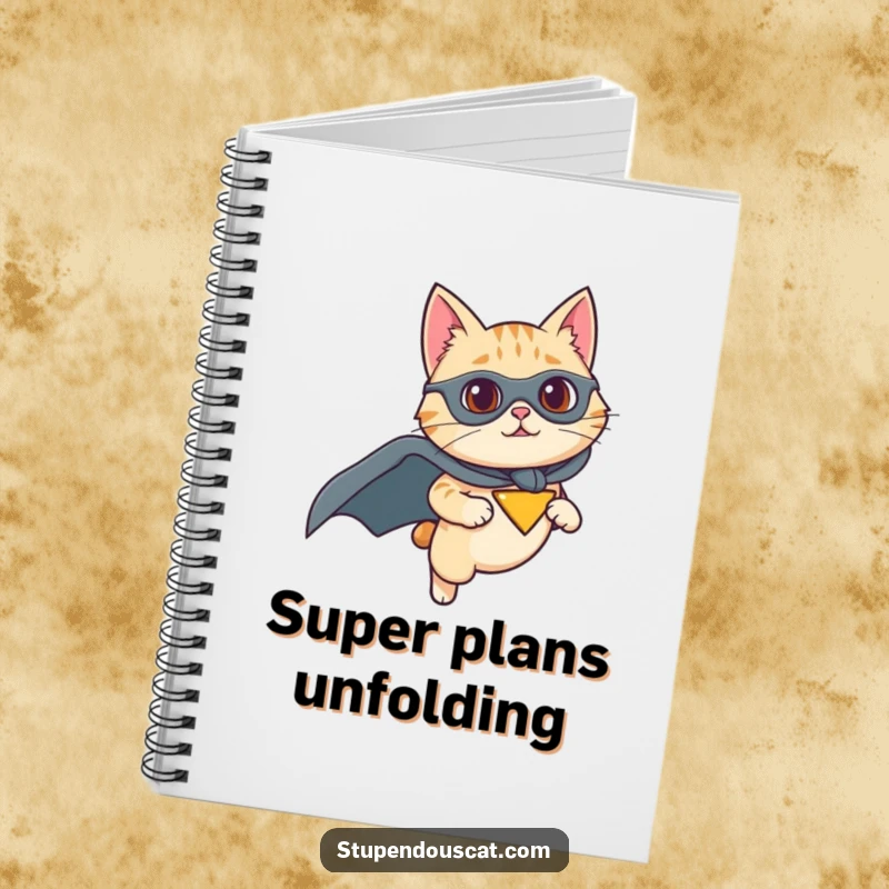 Funny notebook featuring a cat wearing a superhero cape and flying with determination, ideal for journaling with heroic humor, a great gift.