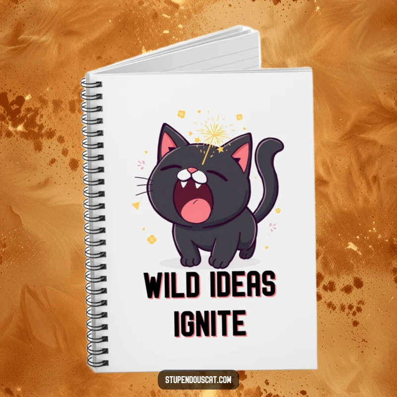 Funny black cat notebook, roaring with sparkling fireworks erupting, perfect for jotting down explosive ideas.