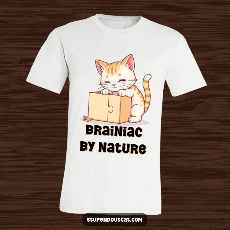Funny t-shirt depicting a clever cat intensely focused on solving a puzzle box, radiating intelligence and keen interest.