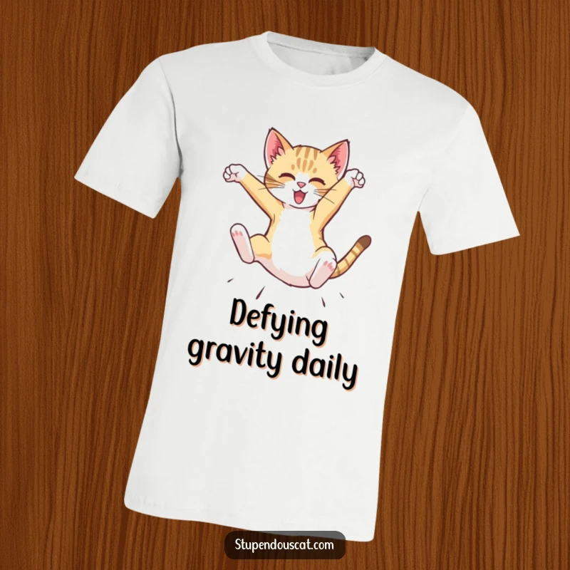 Funny T-Shirt depicting a dynamic cat cub executing a spectacular mid-air flip, celebrating athleticism and humorous energy.