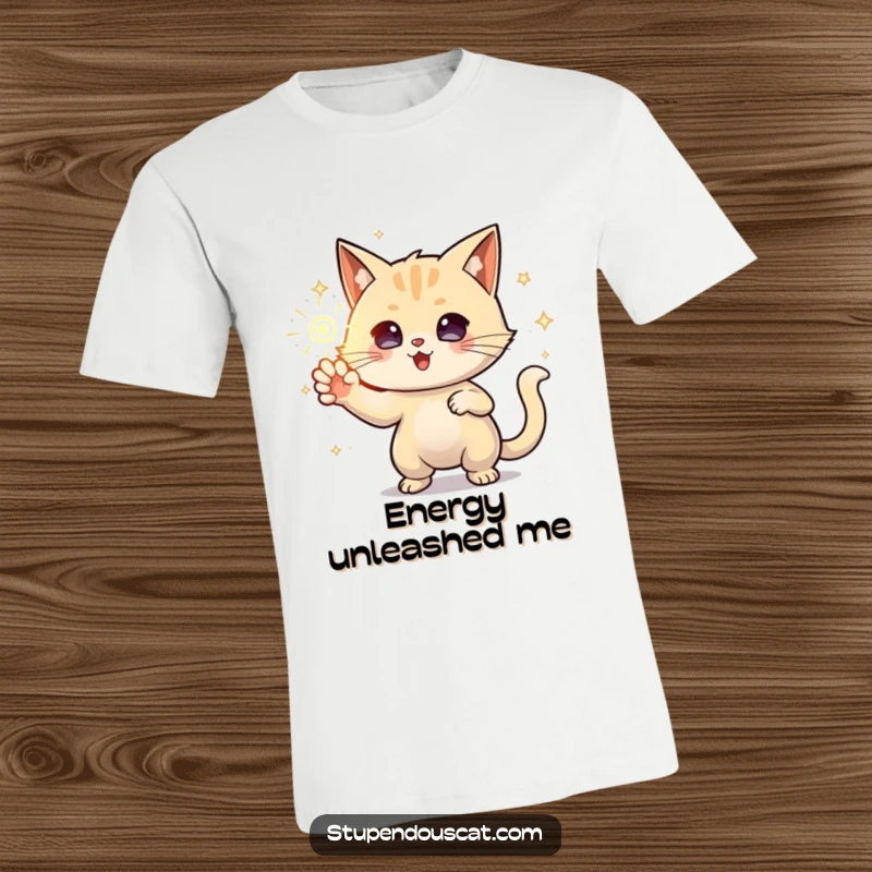 Funny T-Shirt showcasing a powerful cat conjuring a bright, sparkling orb of energy, radiating magical power and control.
