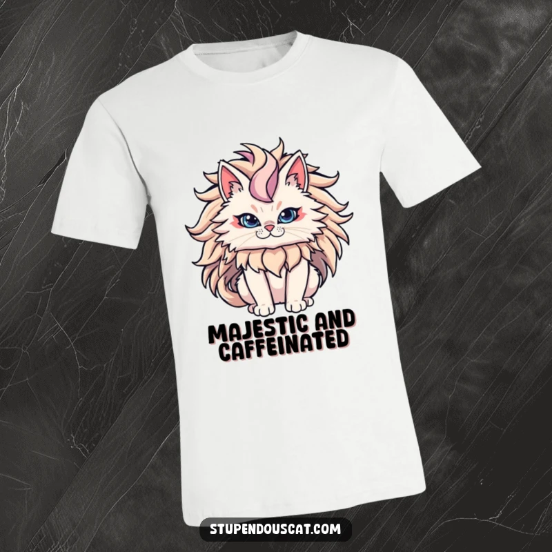 Funny Cat T-Shirt showing a powerful cat with an epic flowing mane, exuding majesty and fierce feline strength.