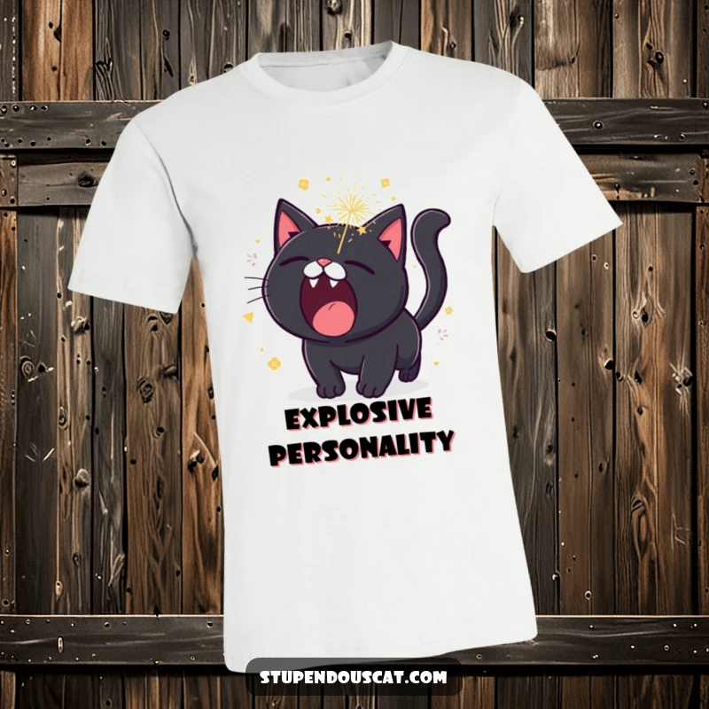 Funny black cat t-shirt, roaring with small, sparkling fireworks bursting around, showcasing an explosive and fun personality.