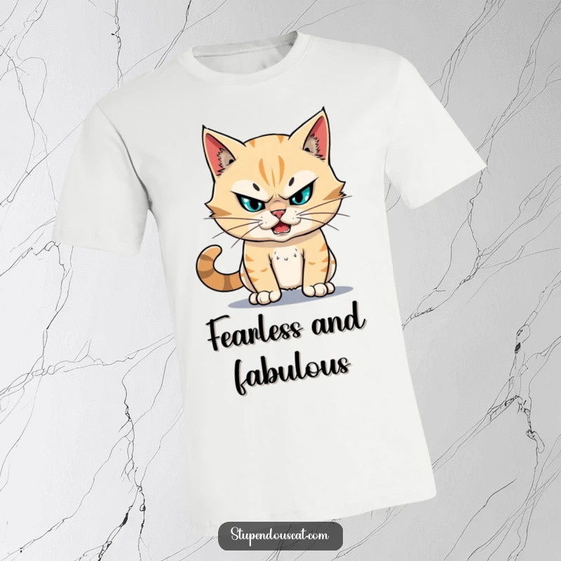 Funny fearless cat t-shirt depicting a cat facing a challenge head-on with sheer bravery and looking absolutely stupendous.