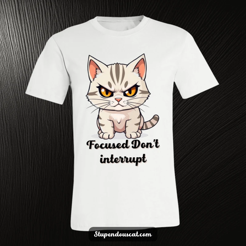 Funny determined cat t-shirt showing a cat with a steely gaze, poised and ready for action, inspiring strong will.
