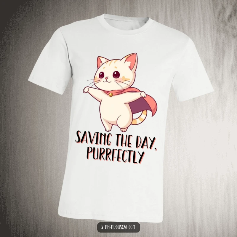 Funny T-Shirt: A cat wearing a cape dramatically swooping from a high vantage point, showing off heroic style.