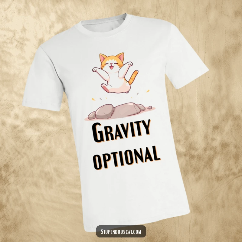 Funny cat t-shirt illustrating a cat landing perfectly after a high jump, conveying a sense of triumph and humor.
