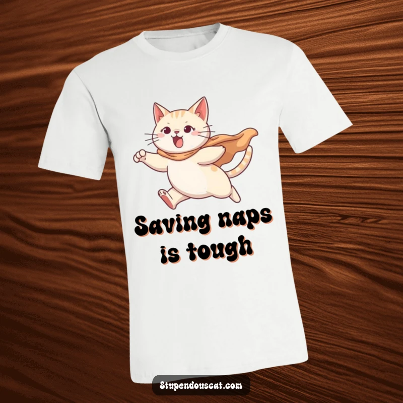 Funny T-shirt depicting a determined cat hero leaping with a dramatic, billowing cape, inspiring smiles.