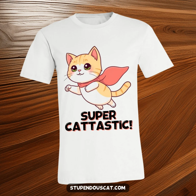 Funny T-Shirt: A courageous cat with a miniature cape is depicted flying through the sky with feline grace and humor.