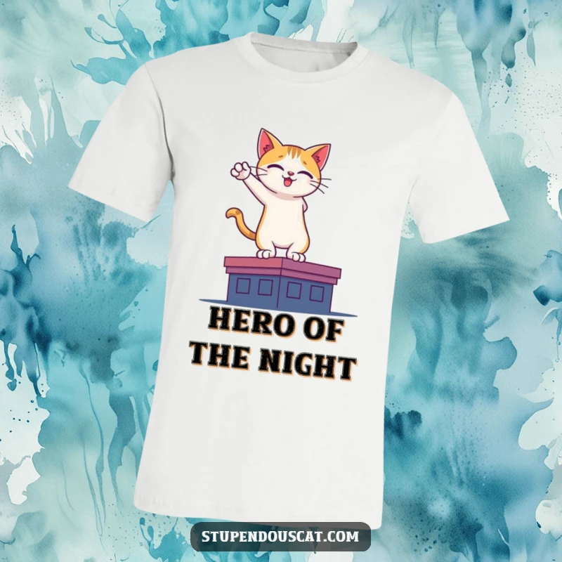 Funny t-shirt featuring a cat striking a heroic pose on a rooftop silhouette, symbolizing bravery and adventure.