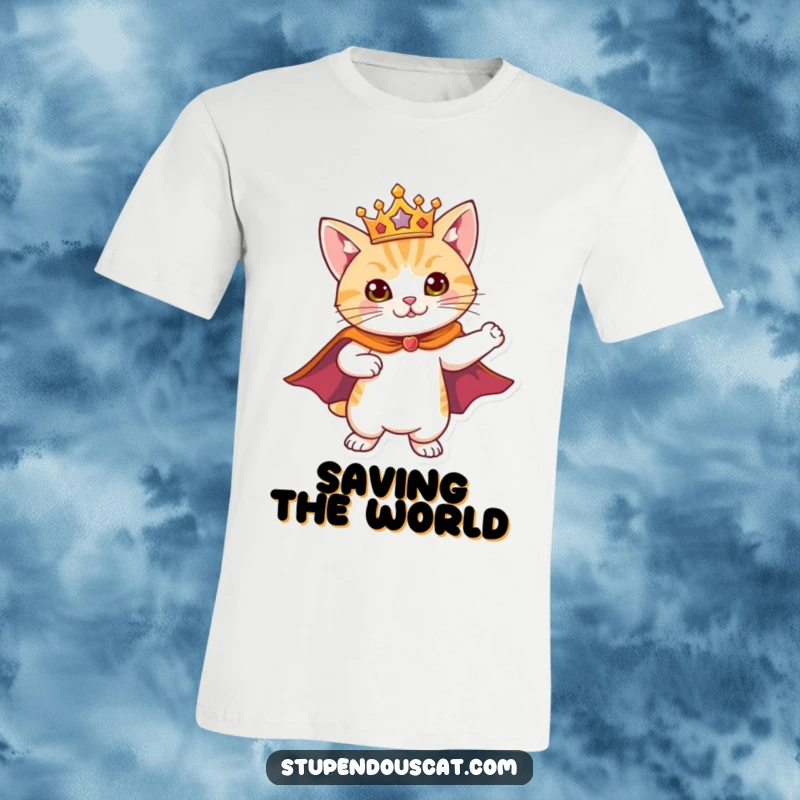 Funny T-Shirt depicting a cat in a superhero cape and crown, striking a powerful and heroic pose, a true leader.