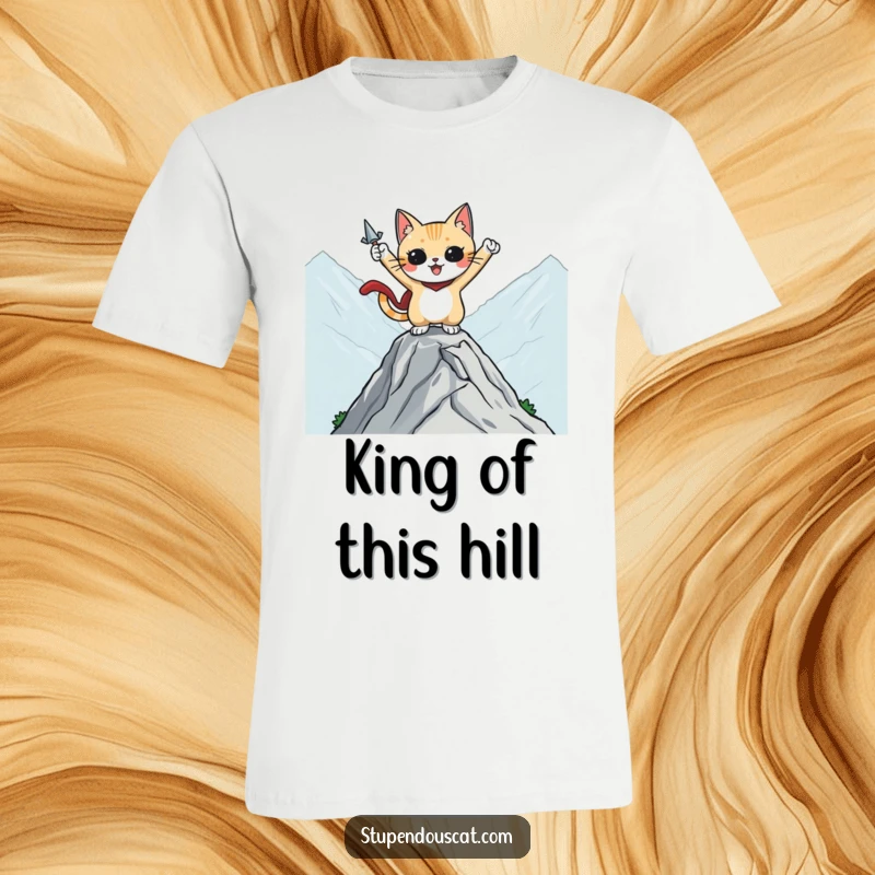 Funny T-shirt depicting a heroic cat character striking a pose on a mountaintop, symbolizing bravery and epic adventures.